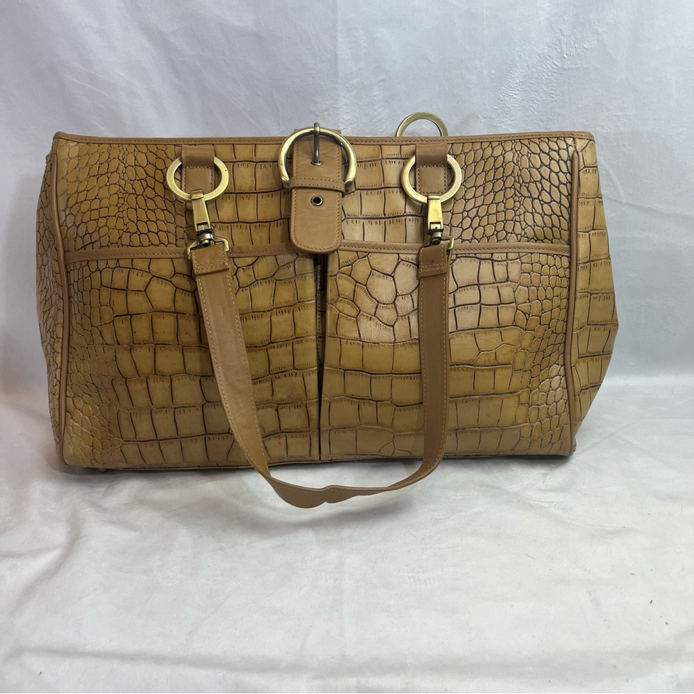 Charlie Lapson Large Croc Embossed Faux Leather Handbag Purse Golden Toffee